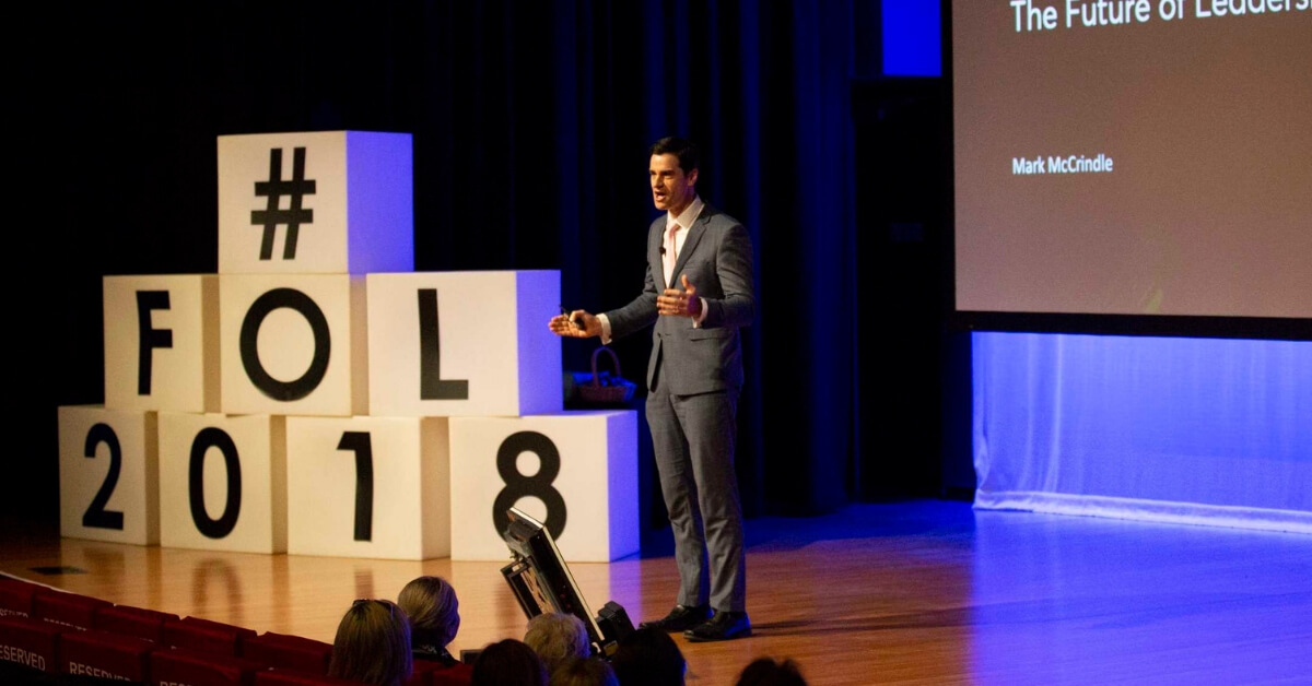 Mark McCrindle in 2018 speaking at spoke at an event called The Future of Leadership event