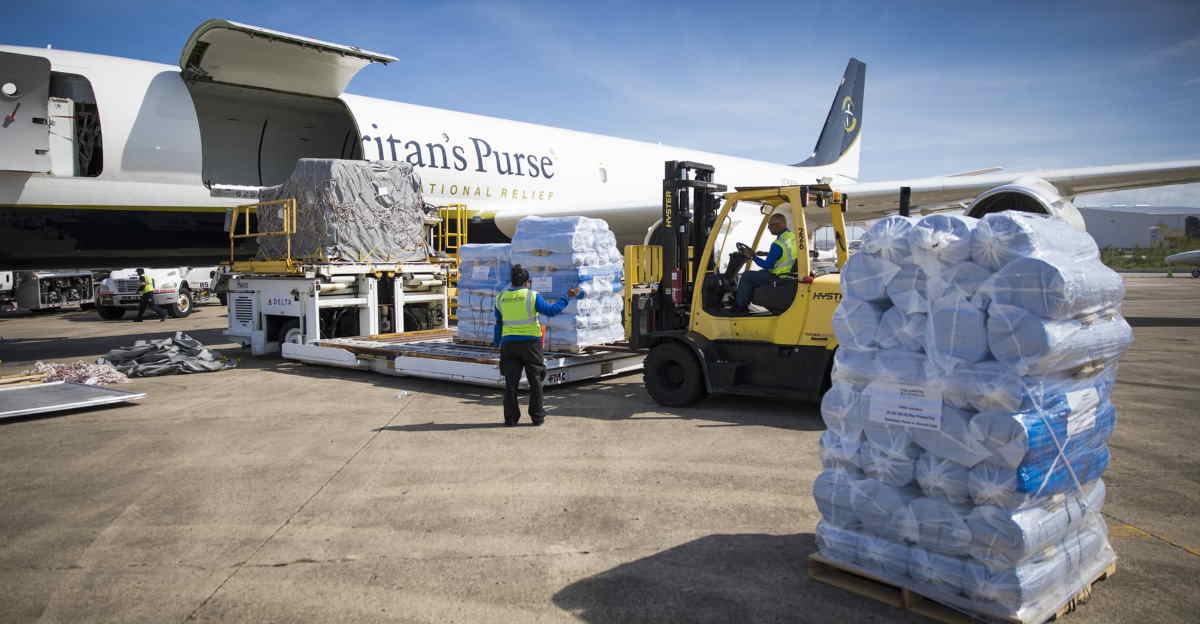 Supplies being loaded onto Samaritan Purse's aircraft for deployment to hurricane affected areas