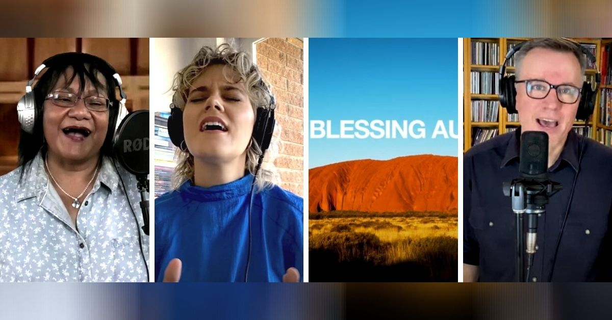 photo depicts a collage of uluru and three different singers from the blessing australia video