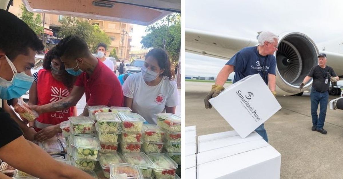 (L) Caritas in Beirut prepares food aid; (R) Samaritan’s Purse packs emergency supplies.